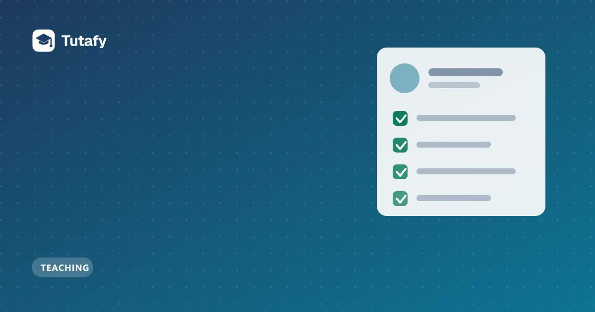 Illustration of a tutor profile card with four ticked checks, for finding an online tutor