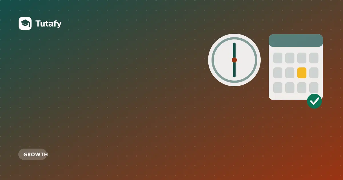 Illustration of a clock showing half past beside a calendar with a booked slot and a check mark, for running a trial lesson