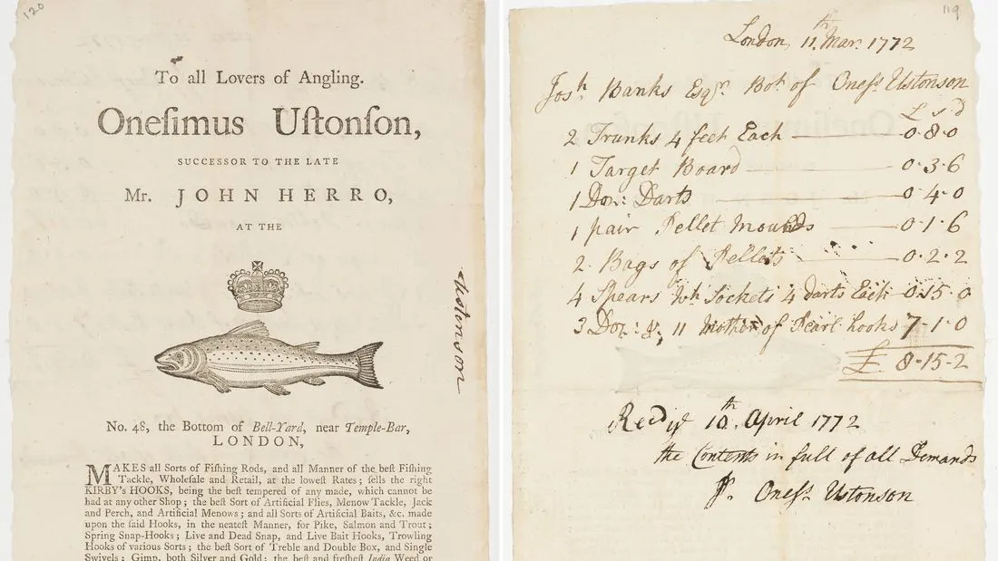 Two pages of an old English document: on the left a printed trade card for a maker of fishing tackle, on the right a handwritten list of items with prices, a total and a signed line saying it was received in full.