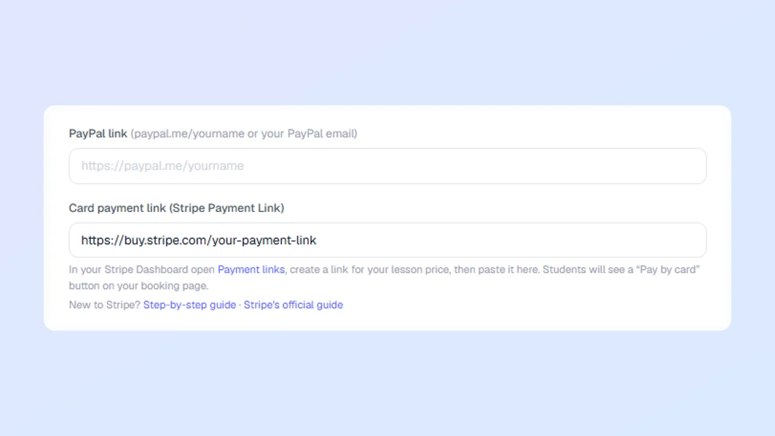 The Payments tab in Tutafy Settings with a Stripe Payment Link pasted into the Card payment link field and three help links underneath