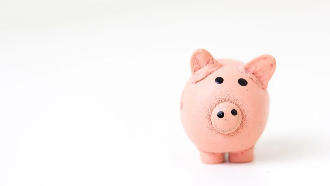 A small pink clay piggy bank facing the camera on a white background.