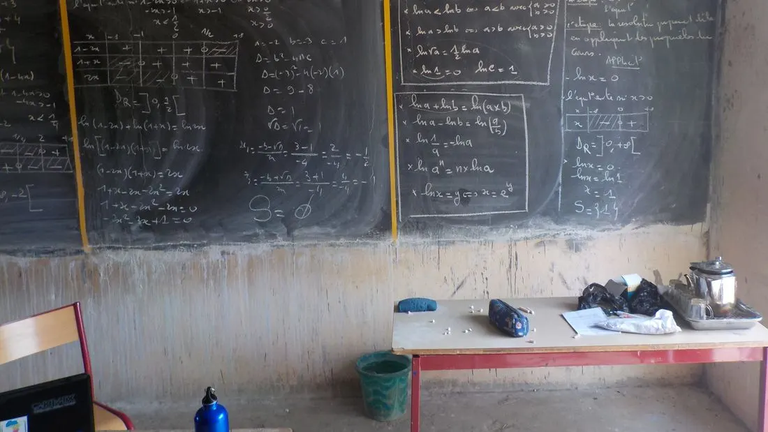 A blackboard in a classroom covered in handwritten mathematics with tables of signs, equations and boxed rules, a bench with a pencil case below it.